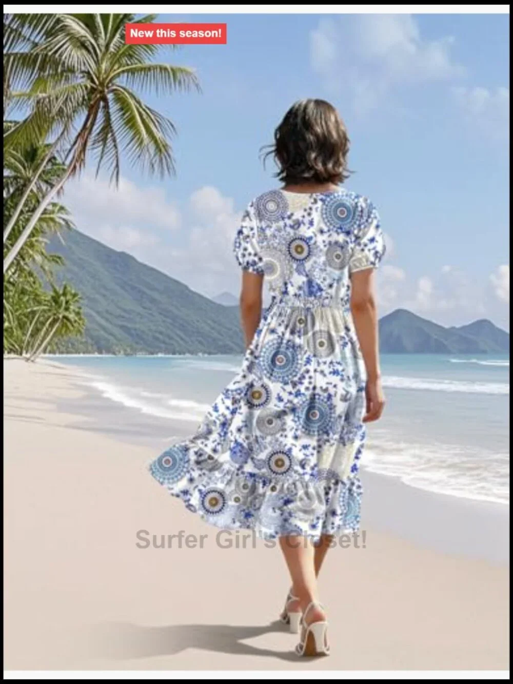 Women's Boho Floral Flowy Midi Dress Puff Sleeve Elastic Waist A-Line Swing